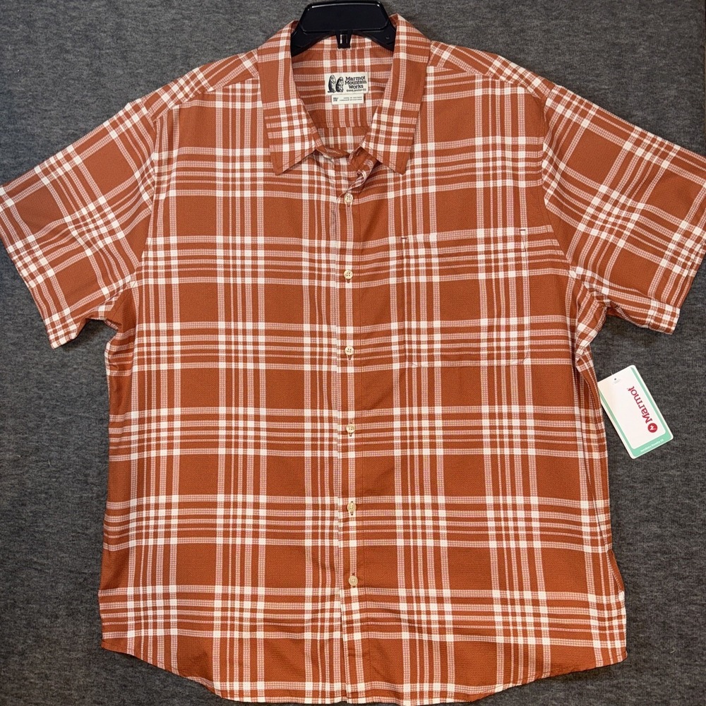 Marmot Mens Aeroboro Button-Up Shirt Auburn Papyrus Check Sz Small NEW $70